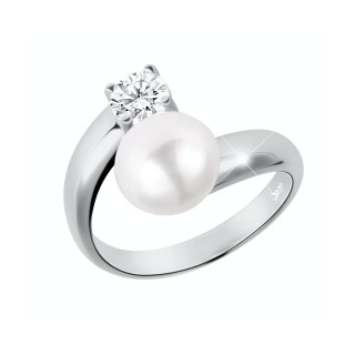 Stříbrný prsten s pravou perlou a krystalem