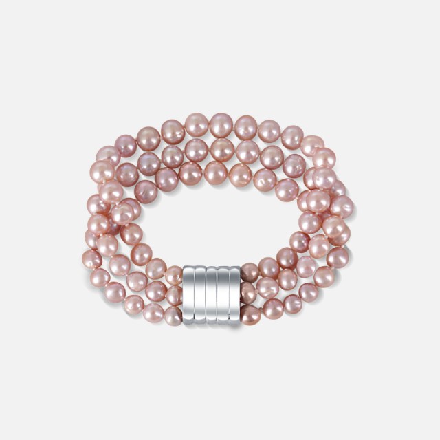 Třířadý perlový náramek z růžových perel s magnetickým uzávěrem
