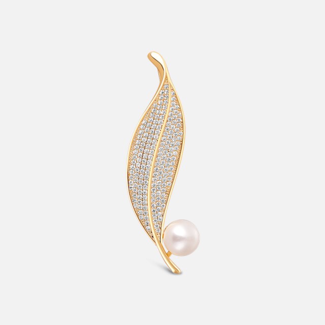Zářivá pozlacená brož list s perlou a krystaly
