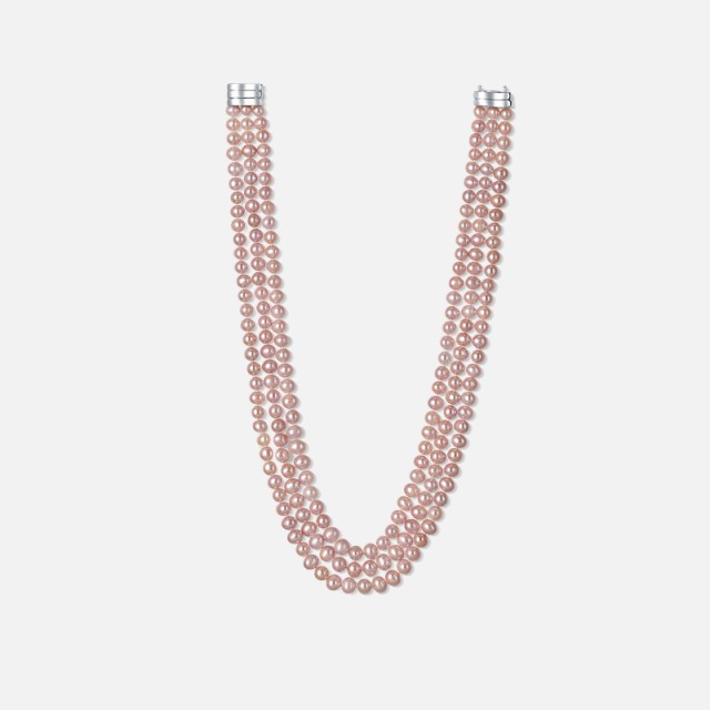 Třířadý perlový náhrdelník z růžových perel s magnetickým uzávěrem