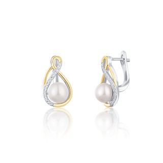 Dvoubarevné stříbrné náušnice s perlami, zirkony a bezpečným zapínáním